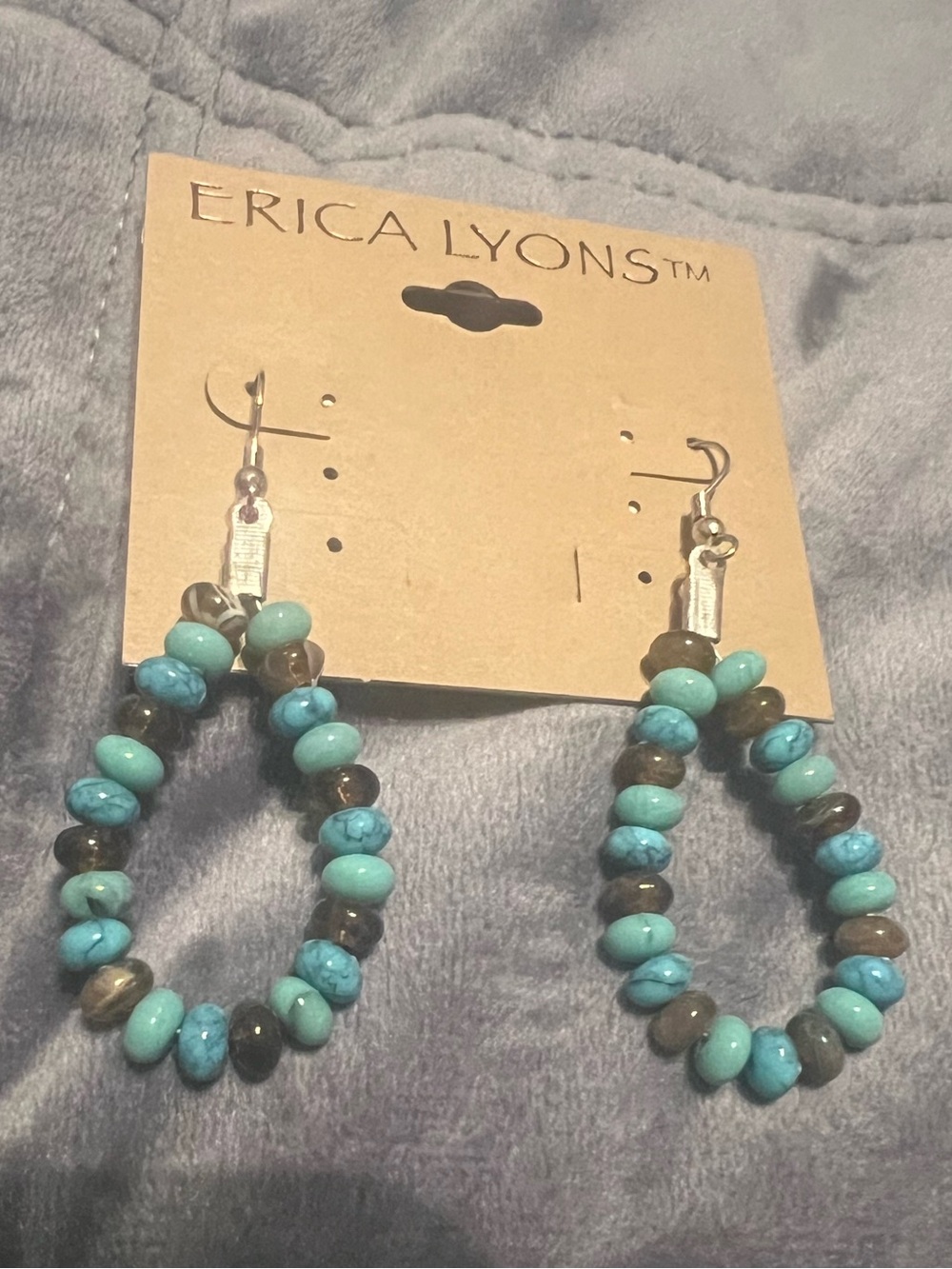 Erica Lyons Faux Turquoise & Brown Bead Silver Tone Earrings, new on card